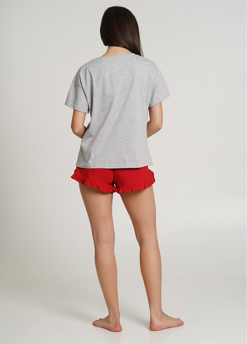 Піжама бавовняна з футболкою та шортами WINTER CAT 6118/010 grey melange/red (сірий/червоний)