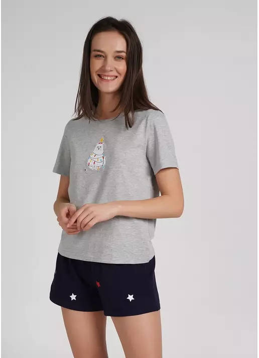 Короткая пижама хлопковая с шортами WINTER CAT 6119/010 grey melange/navy (серый/синий)