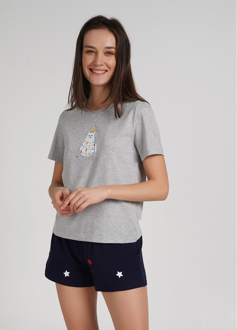 Коротка піжама бавовняна з шортами WINTER CAT 6119/010 grey melange/navy (сірий/синій)