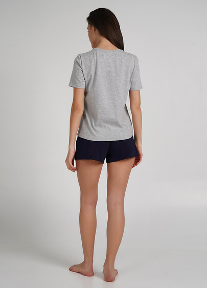 Короткая пижама хлопковая с шортами WINTER CAT 6119/010 grey melange/navy (серый/синий)