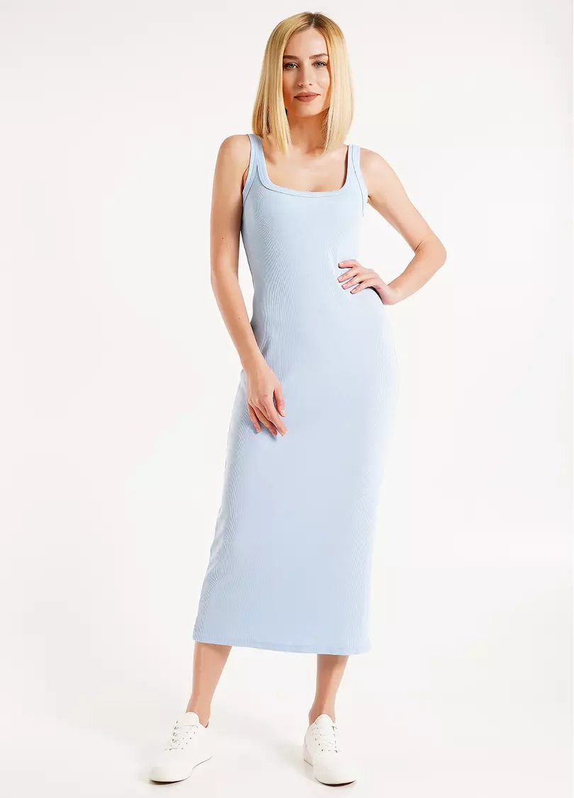 Платье в рубчик с квадратным вырезом RIB 8707/010 light blue (голубой)