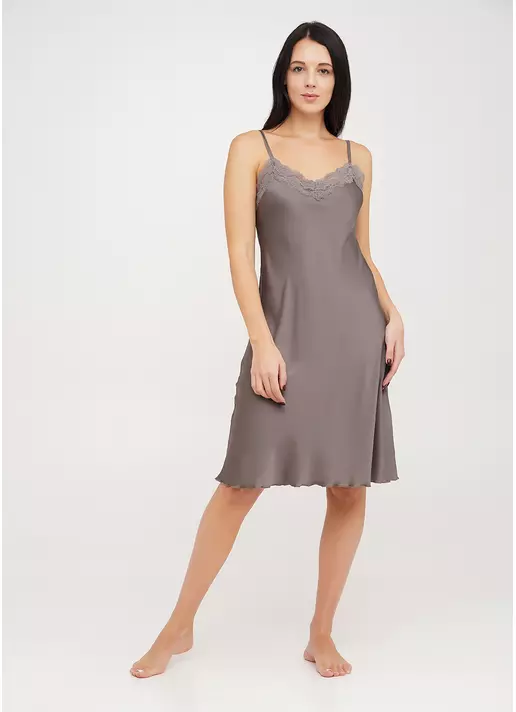 Шелковая ночная сорочка с кружевом длинная POLKA DOT 8013/051 cappuccino (коричневый)