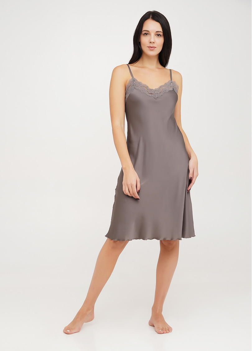 Шелковая ночная сорочка с кружевом длинная POLKA DOT 8013/051 cappuccino (коричневый)