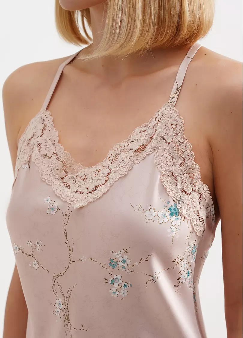 Шовкова нічна сорочка у квіти SAKURA 8011/051 beige (бежевий)
