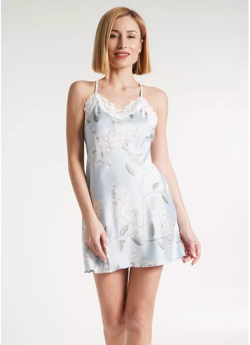 Шовкова нічна сорочка у квіти SAKURA 8011/051 blue (блакитний)