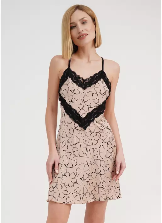 Шовкова нічна сорочка з мереживом в квіти TIZIANA 8015/051 beige/black clove (бежевий)