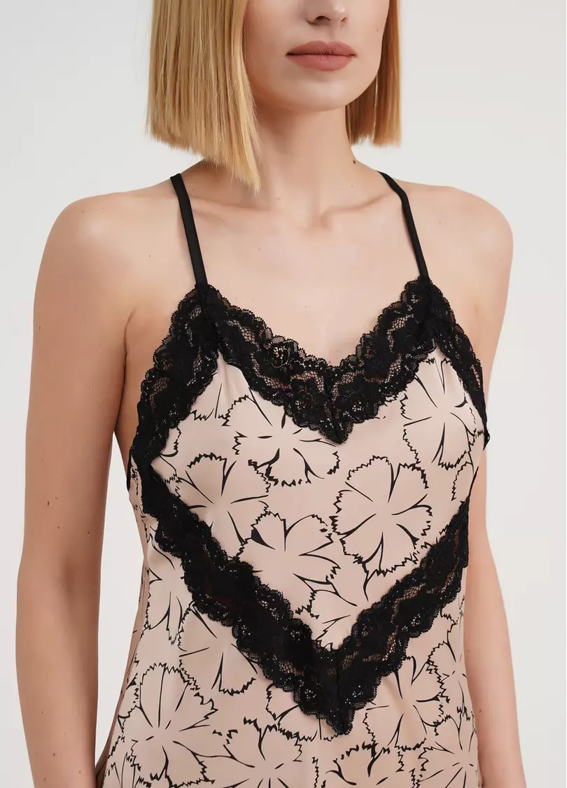 Шелковая ночная рубашка с кружевом в цветы TIZIANA 8015/051 beige/black clove (бежевый)