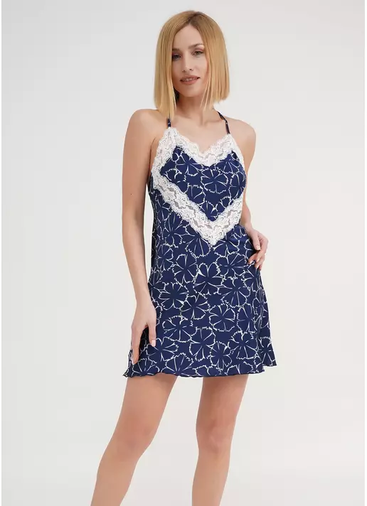 Шовкова нічна сорочка з мереживом в квіти TIZIANA 8015/051 navy/white clove (синій)