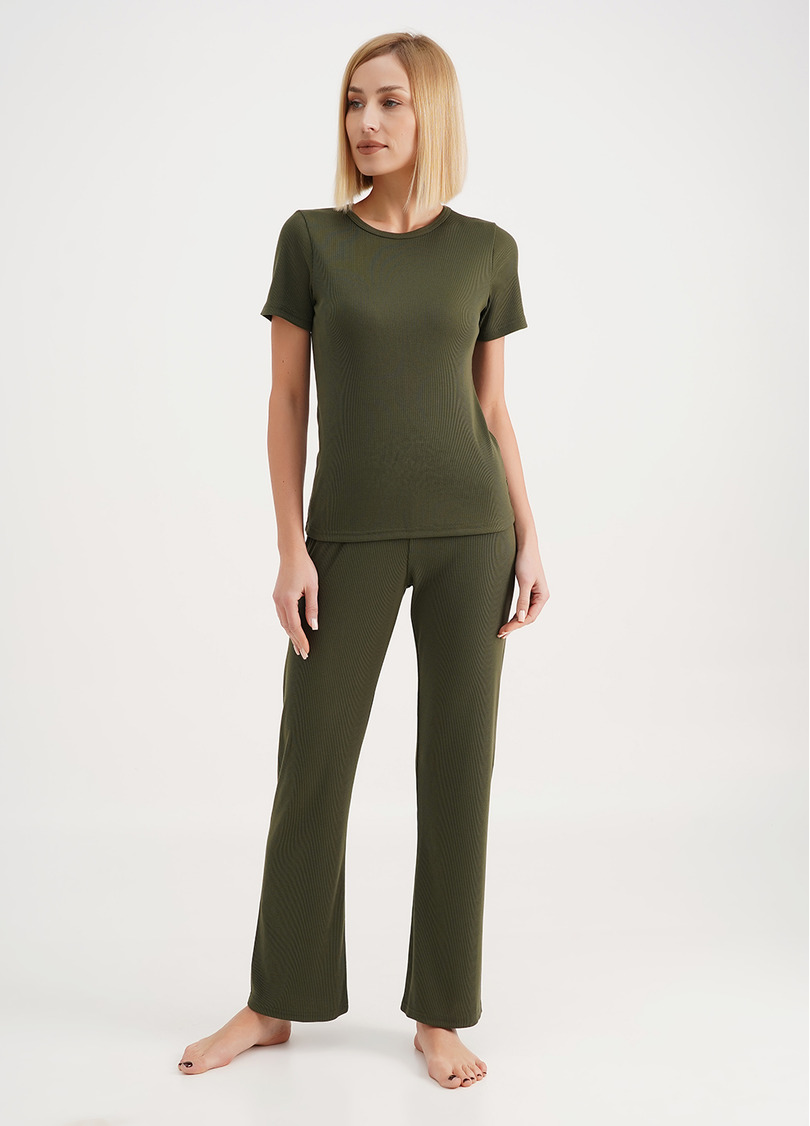 Длинные штаны из хлопка в рубчик RIB 4307/010 khaki (зеленый)