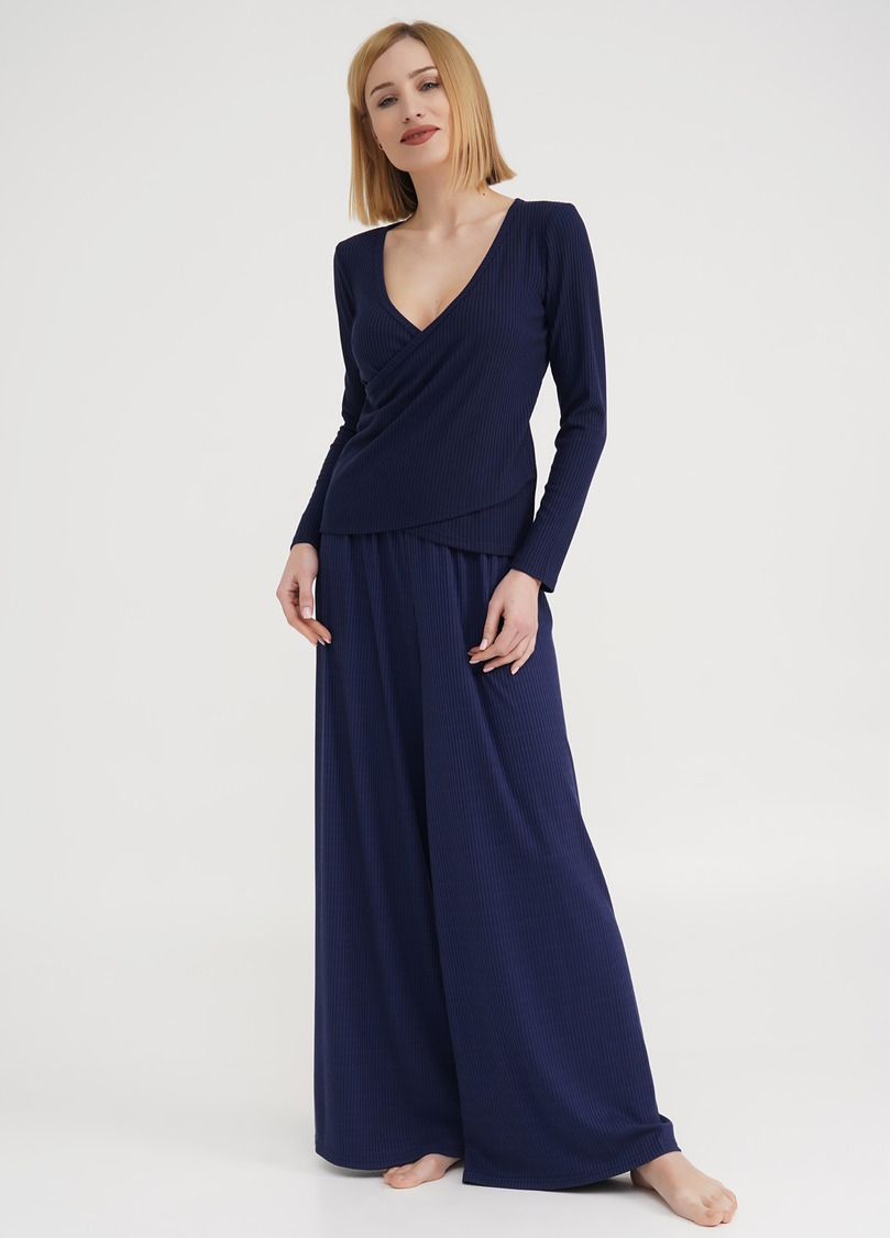 Штаны-палаццо в рубчик из хлопка RIB 4314/010 navy (синий)