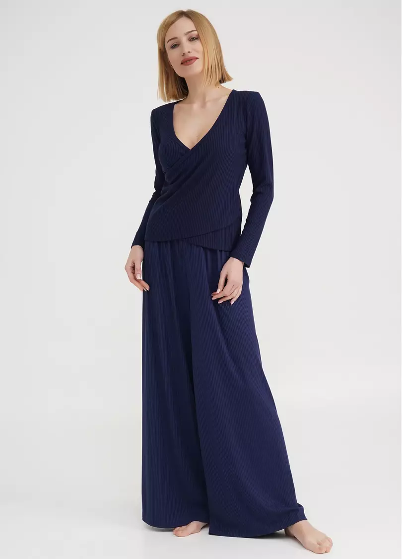 Штани-палаццо в рубчик з бавовни RIB 4314/010 navy (синій)