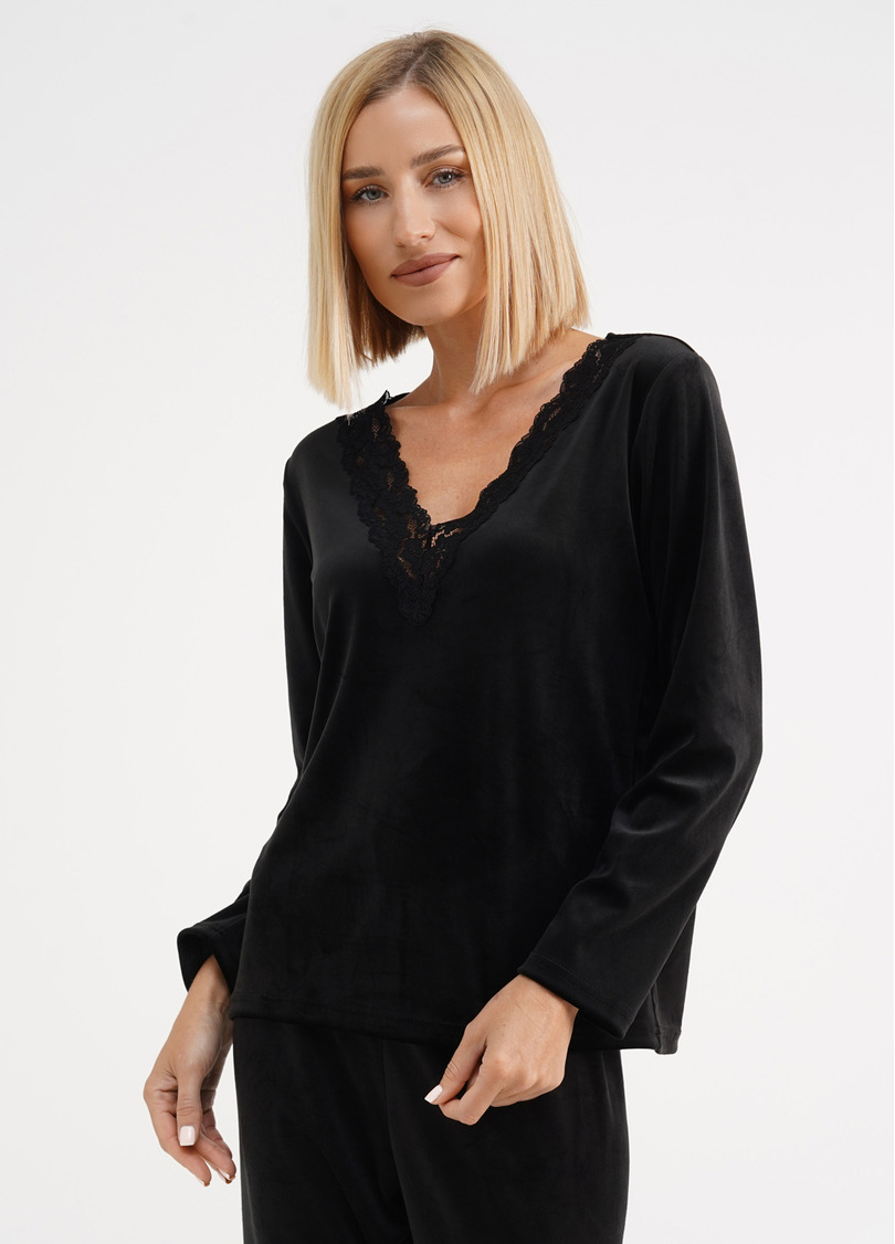 Велюровий топ з V-подібним вирізом та мереживом SOFT WINTER 4411/081 black (чорний)