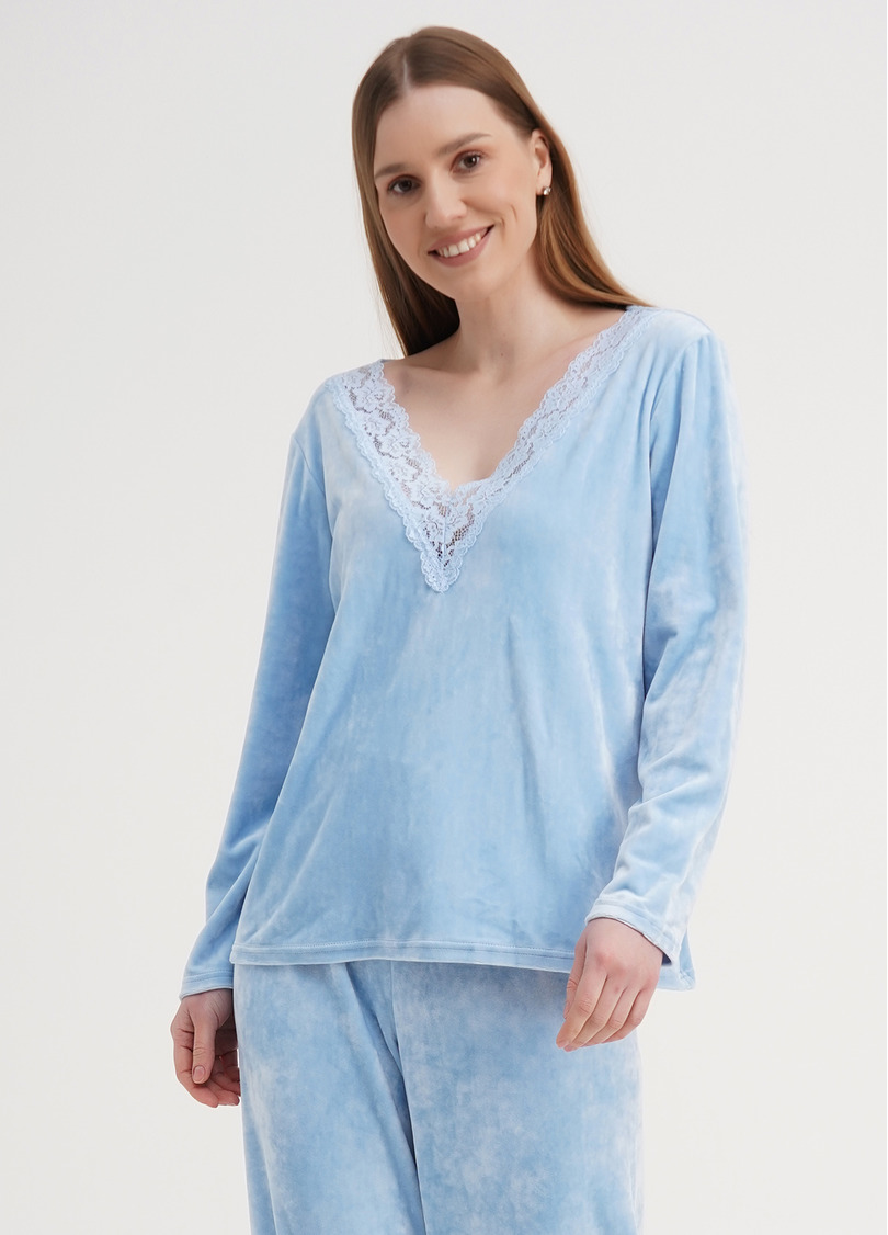 Велюровый топ с V-образным вырезом и кружевом SOFT WINTER 4411/081 blue (голубой)