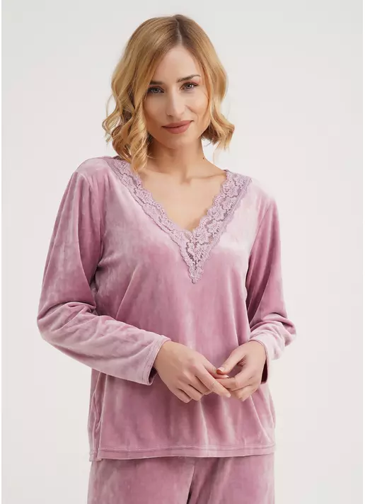 Велюровый топ с V-образным вырезом и кружевом SOFT WINTER 4411/081 pink (розовый)
