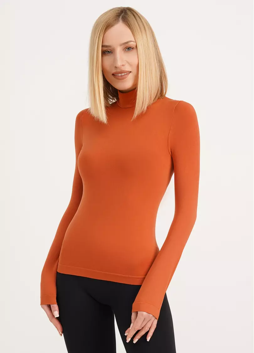 Безшовний лонгслів з низьким коміром LONG SLEEVE NECK burnt sienna (помаранчевий)
