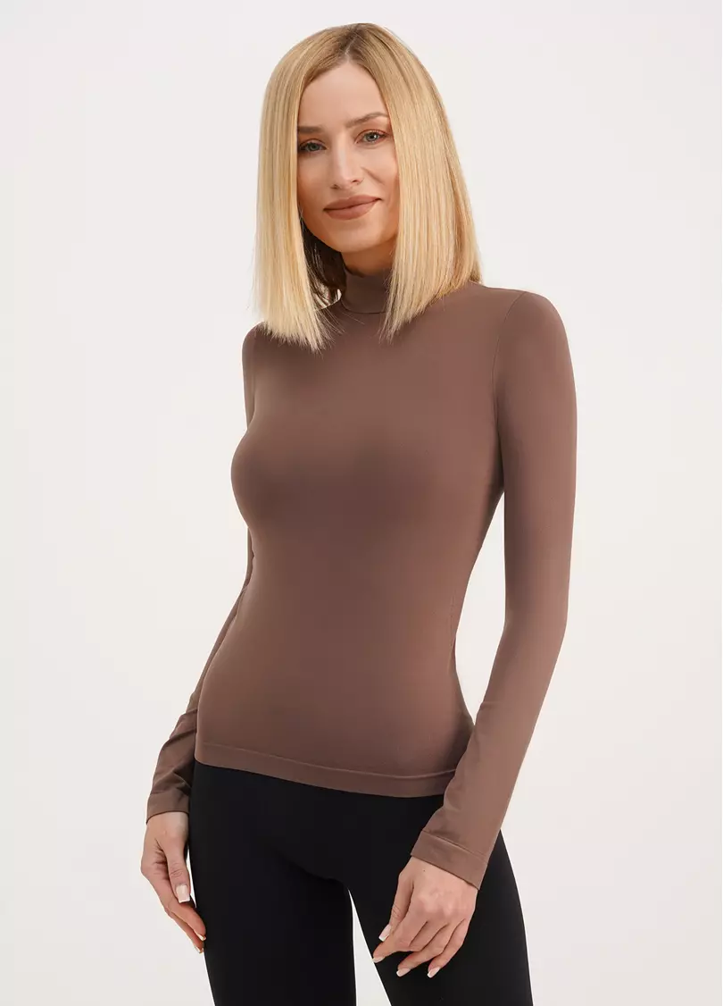 Безшовний лонгслів з низьким коміром LONG SLEEVE NECK deep taupe (коричневий)