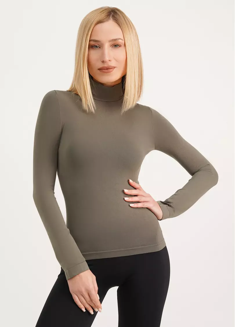 Безшовний лонгслів з низьким коміром LONG SLEEVE NECK khaki (зелений)
