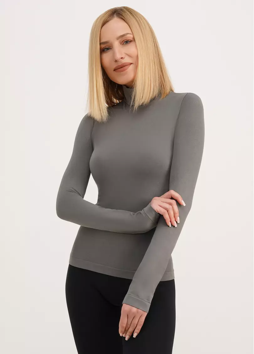 Безшовний лонгслів з низьким коміром LONG SLEEVE NECK poppy seed (сірий)