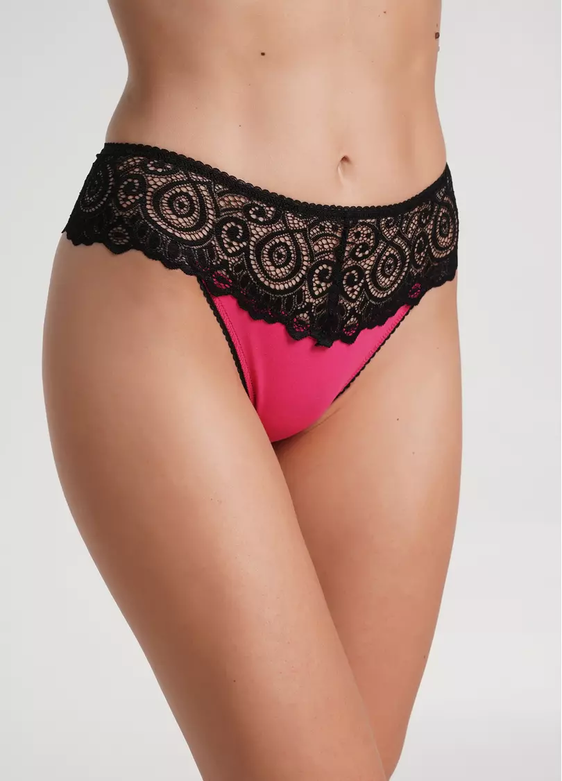 Трусики стринги с кружевом Elegant 2101/61 black/pink (черный/розовый)