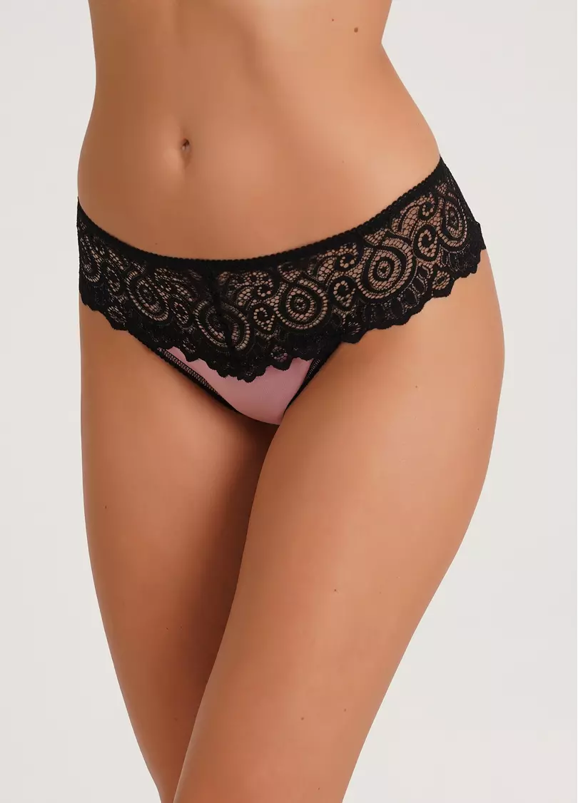 Трусики стринги с кружевом Elegant 2101/61 black/powder (черный/розовый)