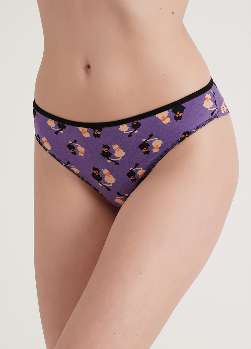 Трусики бразиліана з бавовни з котами Leila print 2224/60 cats (фіолетовий)
