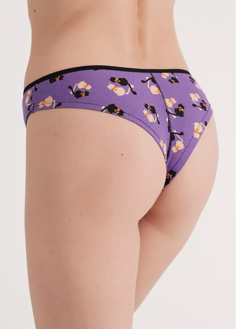 Трусики бразиліана з бавовни з котами Leila print 2224/60 cats (фіолетовий)