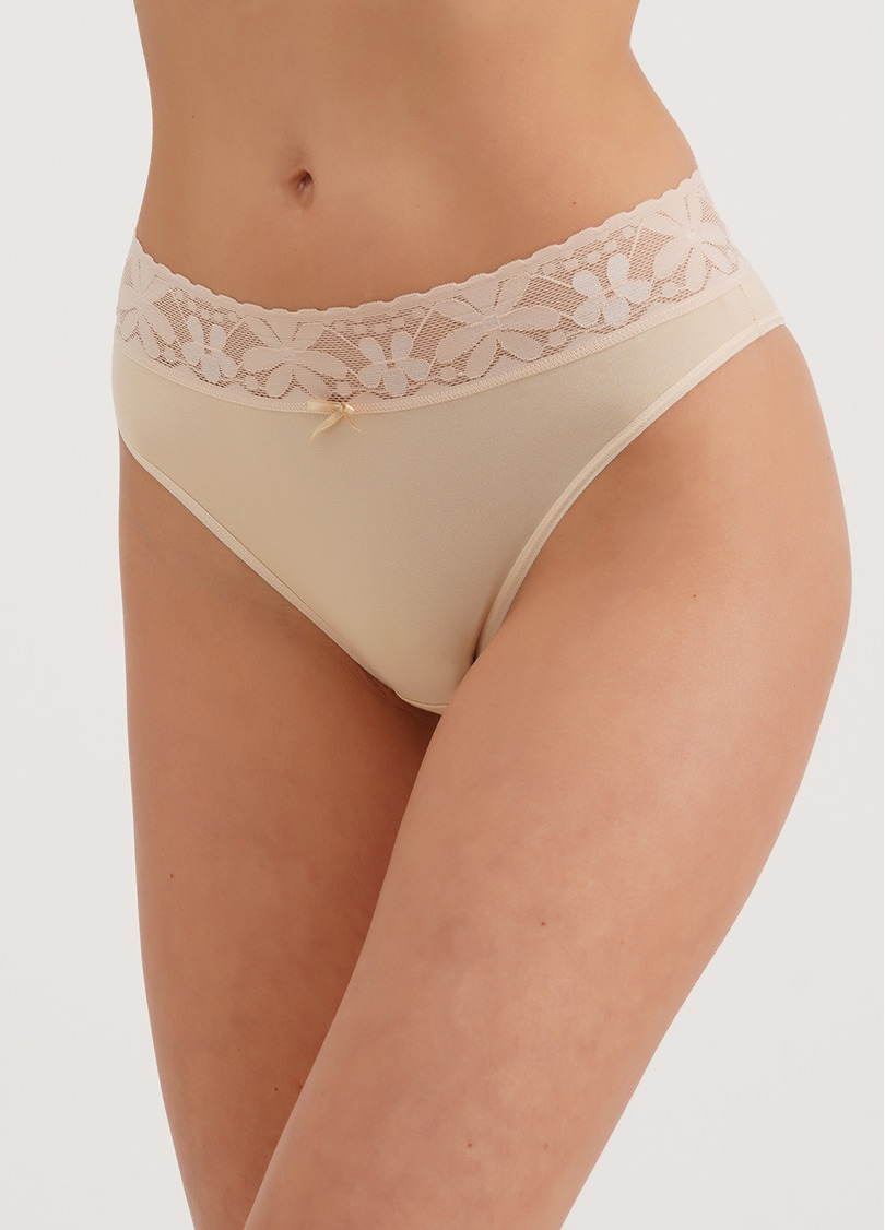 Трусики бразиліана бавовняні з мереживом Leya 2228/61 beige (бежевий)