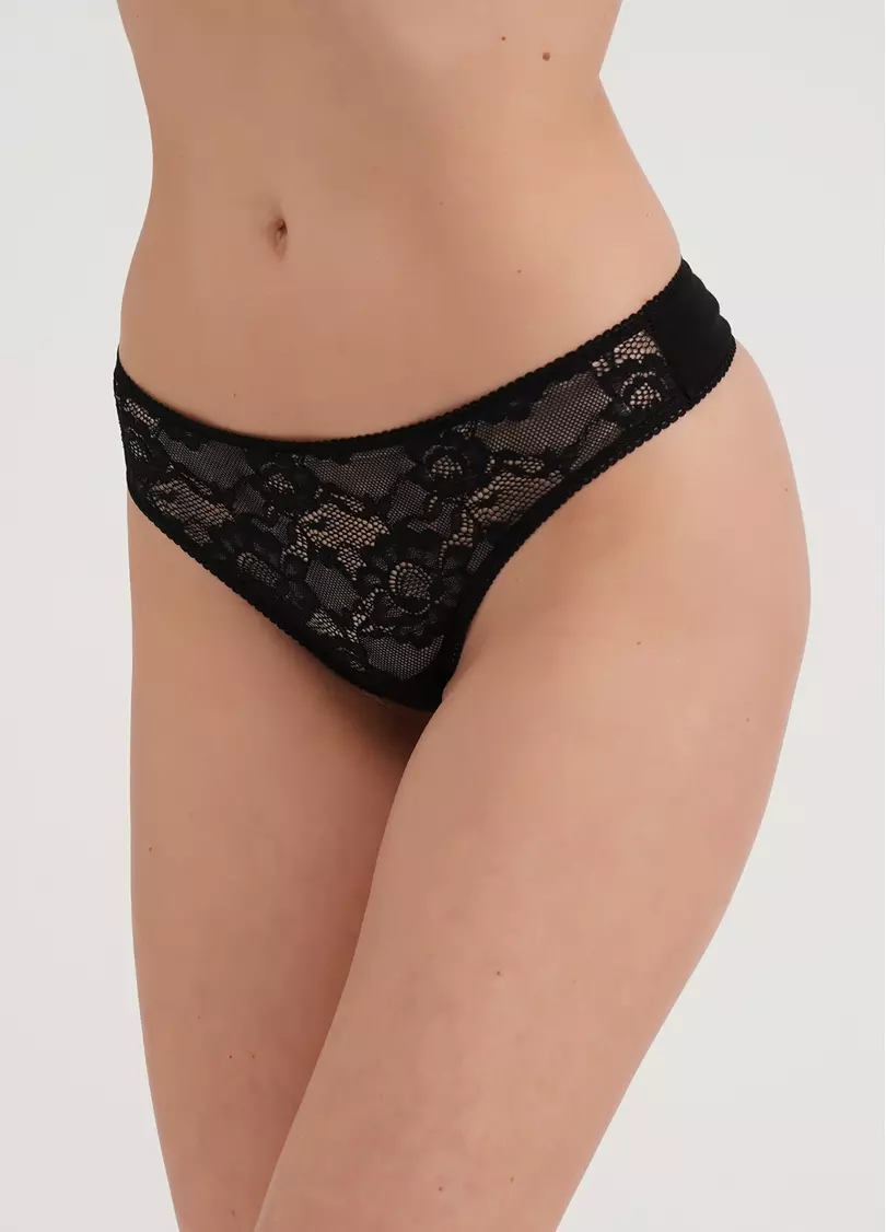 Трусики стринги из кружева и хлопка Rosa 2102/35 black (черный)