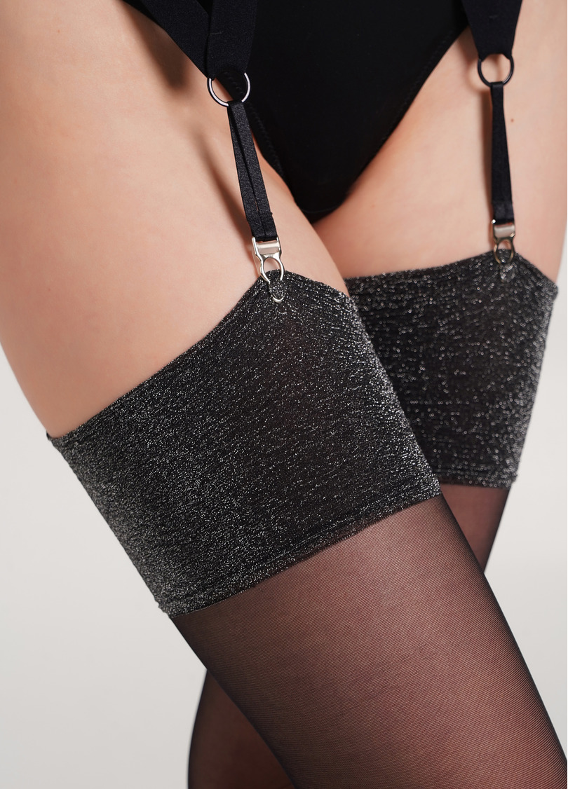 Панчохи під пояс з блискучою каймою SEGRETO SHINY 20 silver metallic (чорний)