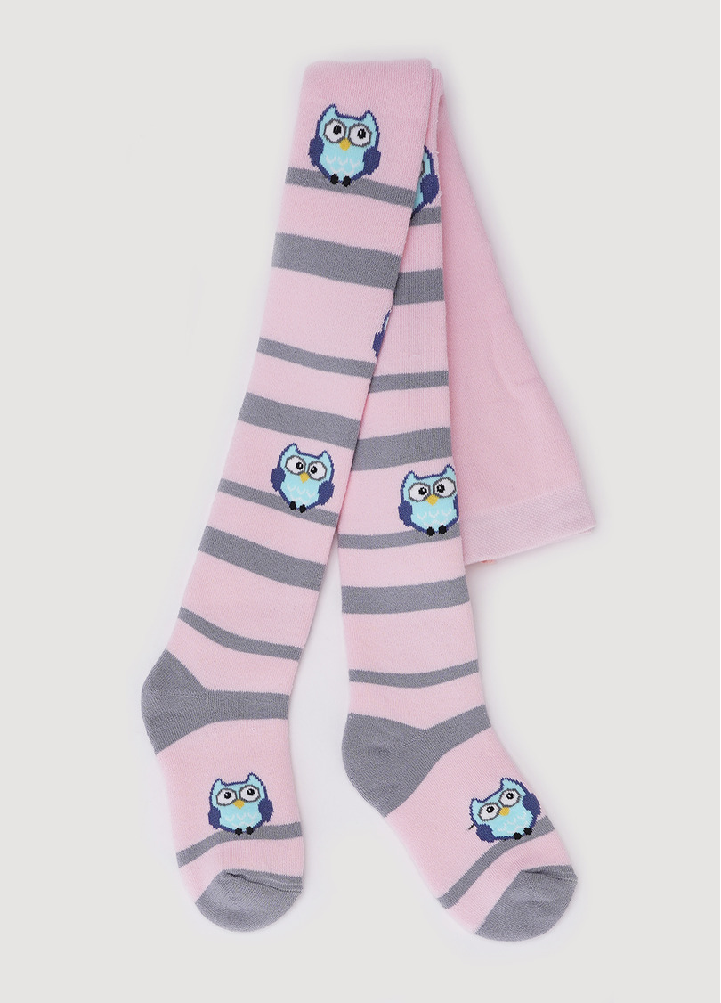 Детские колготки махровые в полоску с рисунками сов DTe-002 pearl (розовый)