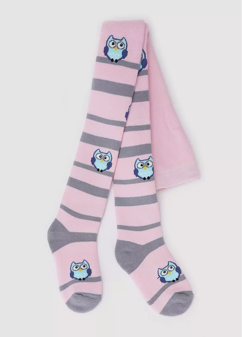 Дитячі колготки махрові в смужку з малюнками сов DTe-002 pearl (рожевий)