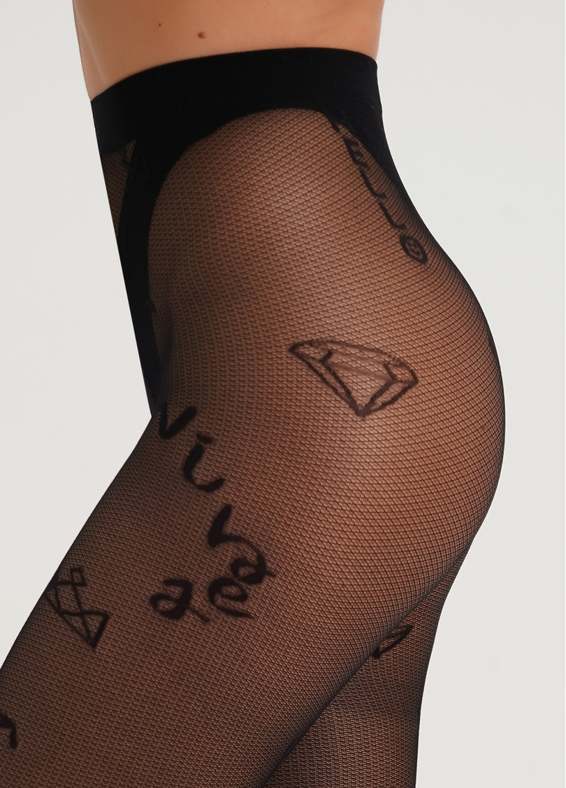 Колготки в сетку с тату INFLUENCE 40 (2) nero (черный)