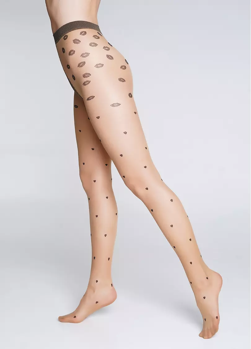 Колготки в сердечки и поцелуи SENSUAL 20 (2) daino/nero (бежевый/черный)