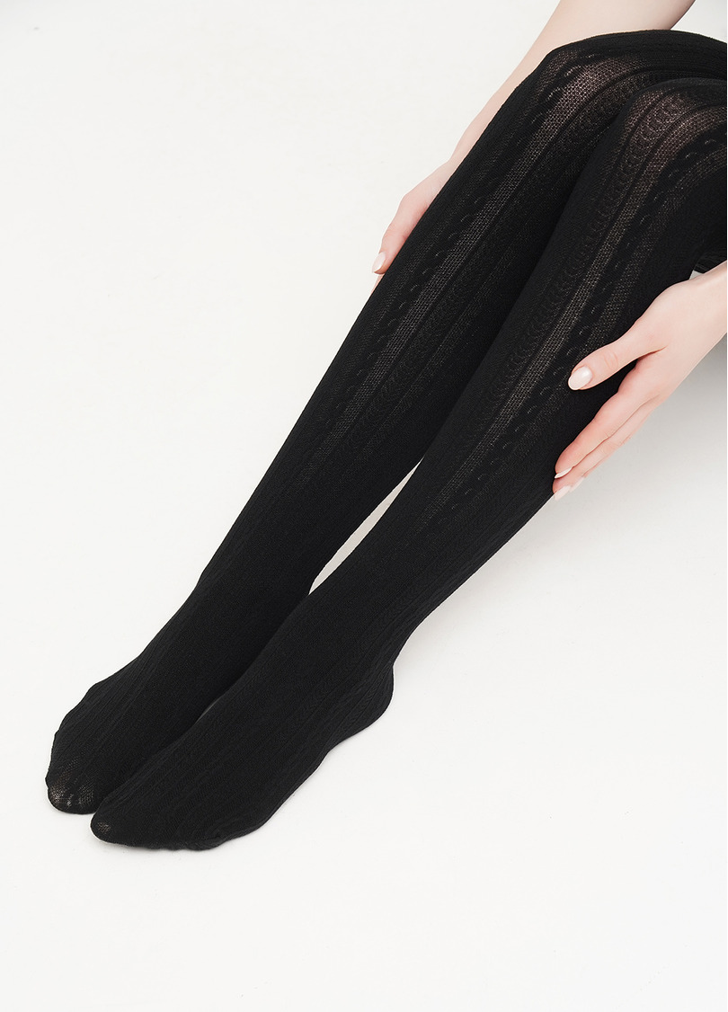 Колготки хлопковые с объемным узором "косичка" CABLE (2) black (черный)