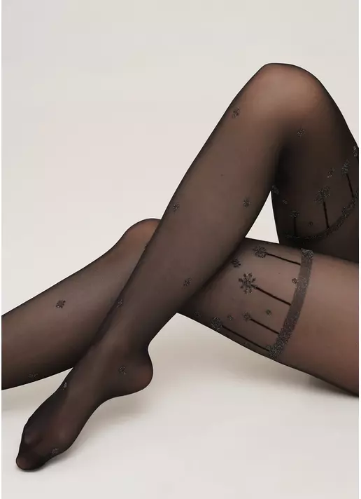 Колготки с имитацией блестящих подвязок со снежинками OBSESSION 20(2) nero (черный)
