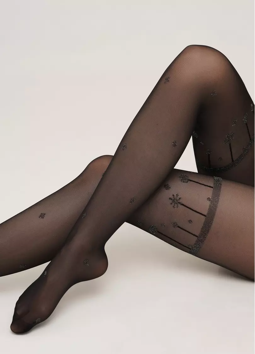 Колготки с имитацией блестящих подвязок со снежинками OBSESSION 20(2) nero (черный)