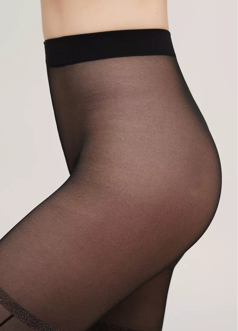 Колготки с имитацией блестящих подвязок со снежинками OBSESSION 20(2) nero (черный)