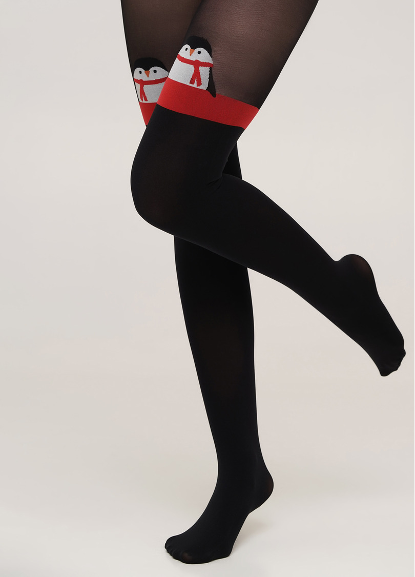 Тематические колготки с имитацией чулок и рисунком Пингвин PENGUIN TIGHTS black (черный)