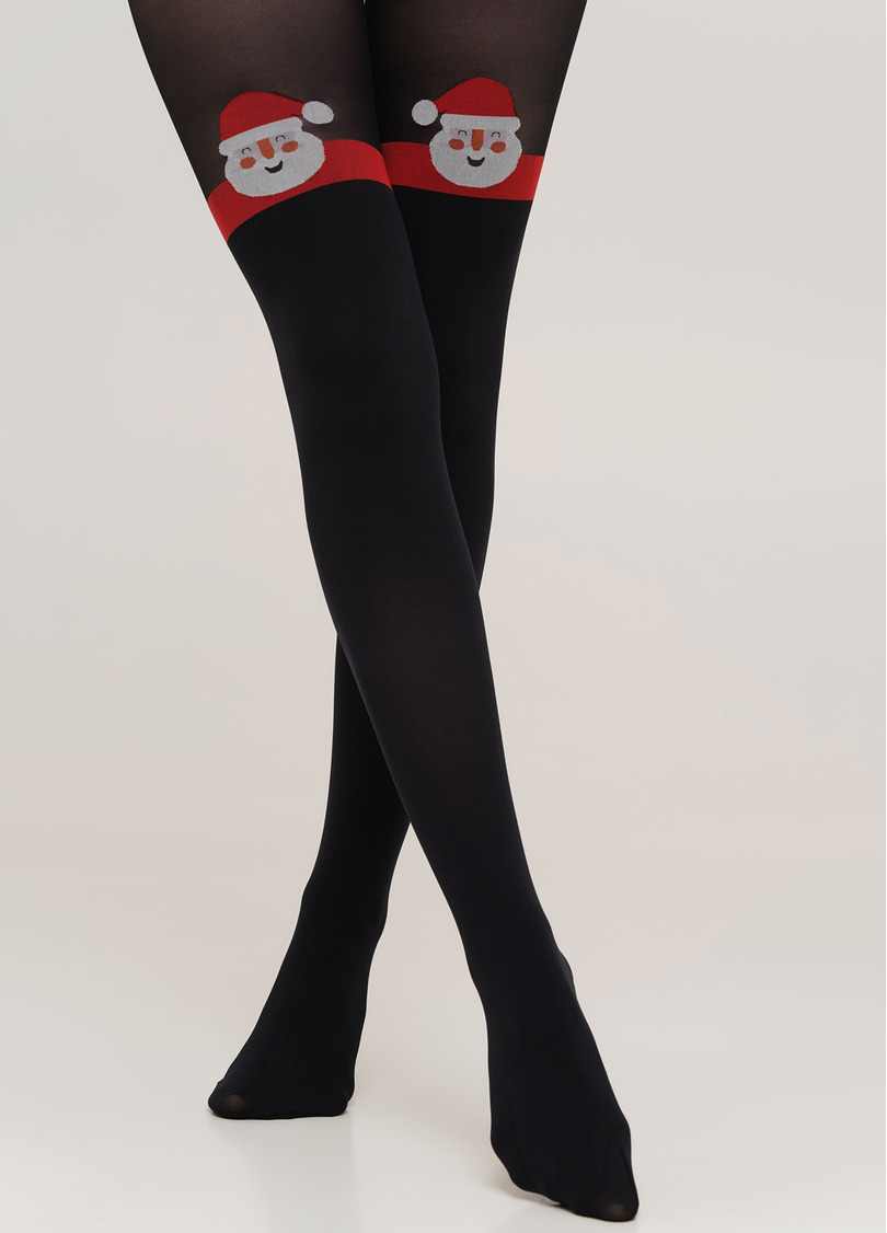 Новогодние колготки с имитацией чулок и рисунком Санта Клаус SANTA TIGHTS black (черный)