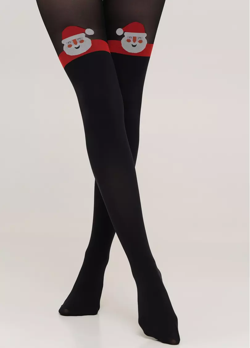 Новогодние колготки с имитацией чулок и рисунком Санта Клаус SANTA TIGHTS black (черный)