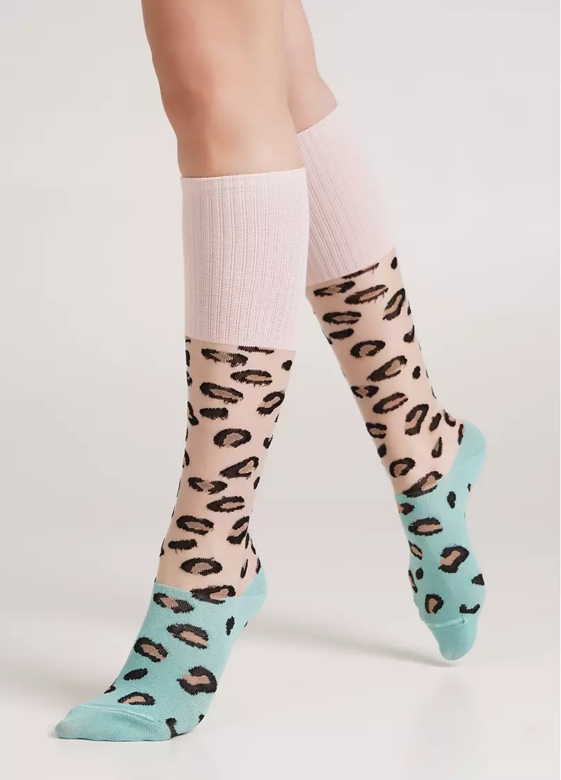 Детские гольфы ботфорты с леопардовым принтом KB1 CRISTAL STRONG 001 pastel turquoise (голубой)