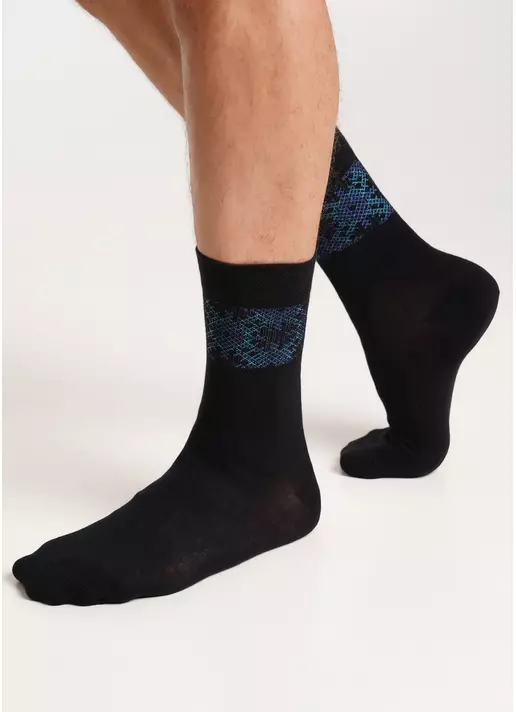 Мужские носки высокие с орнаментом MS3 UKR 002 black/avio (черный/голубой)