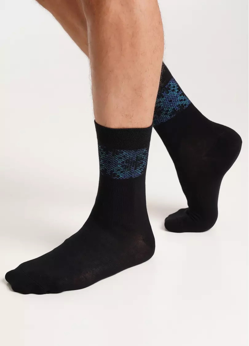 Мужские носки высокие с орнаментом MS3 UKR 002 black/avio (черный/голубой)