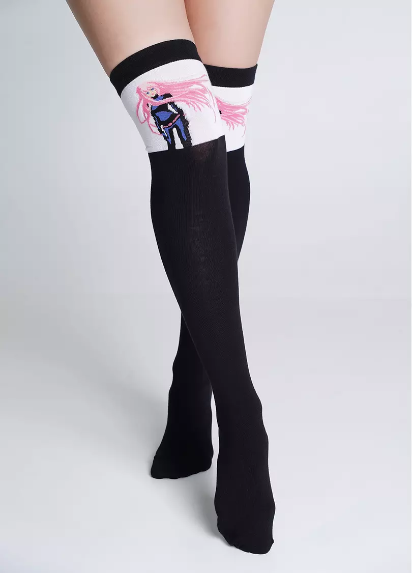 Хлопковые ботфорты гольфы с рисунком над коленом WB1 FASHION 014 black (черный)