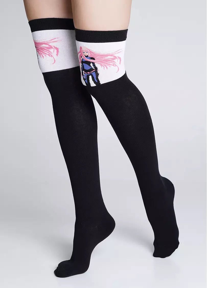 Хлопковые ботфорты гольфы с рисунком над коленом WB1 FASHION 014 black (черный)