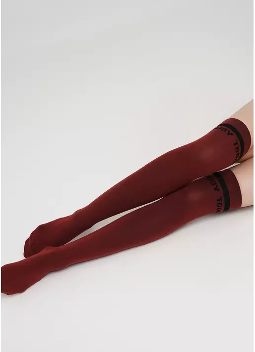 Бавовняні гольфіни з контрастним написом WB1 TEXT 001 (червоно-коричневий)