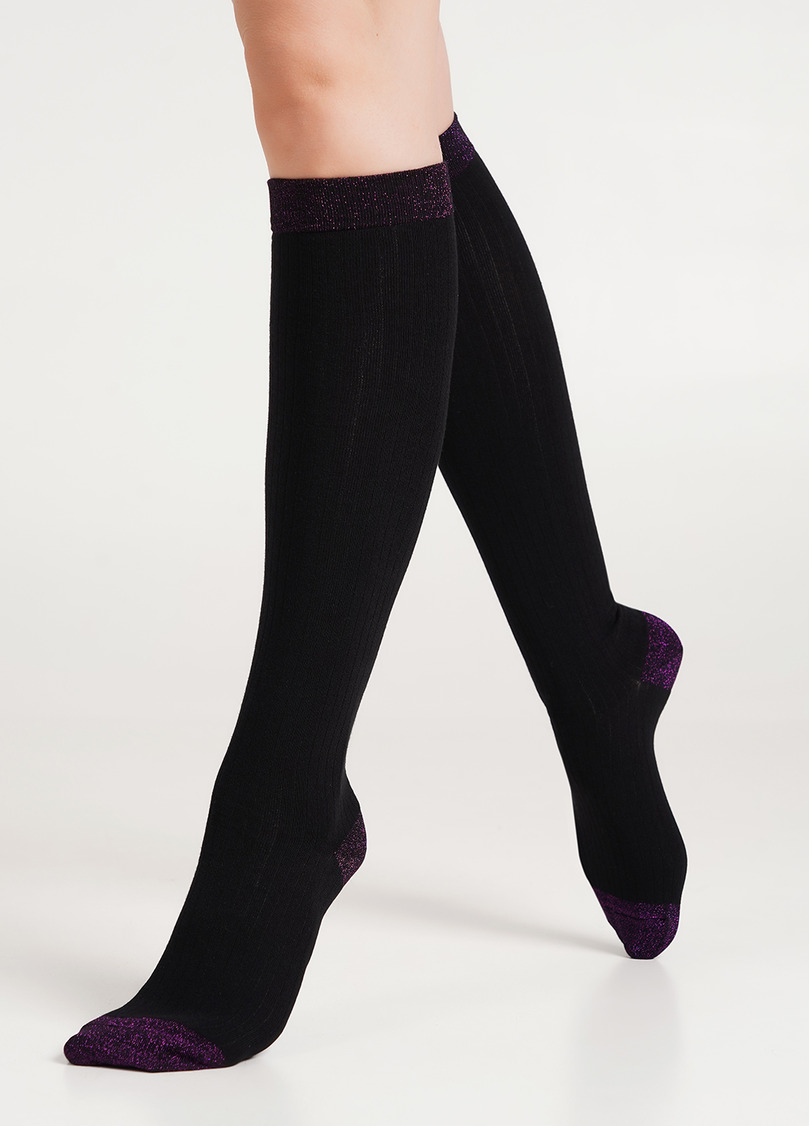 Гольфы в рубчик с люрексом WG1 LUREX RIB 001 black/shiny pink metallic (черный)