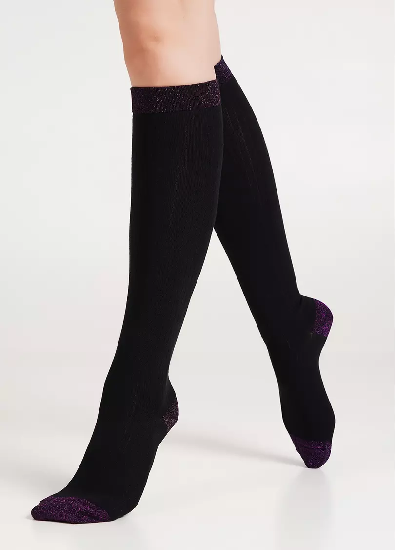 Гольфи в рубчик з люрексом WG1 LUREX RIB 001 black/shiny pink metallic (чорний)