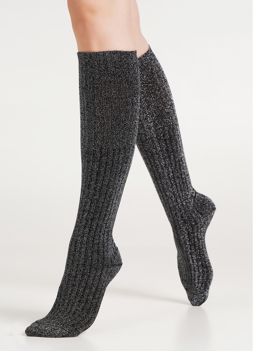 Блестящие гольфы в рубчик WG1 LUREX RIB STRONG 001 black/silver metallic (черный)