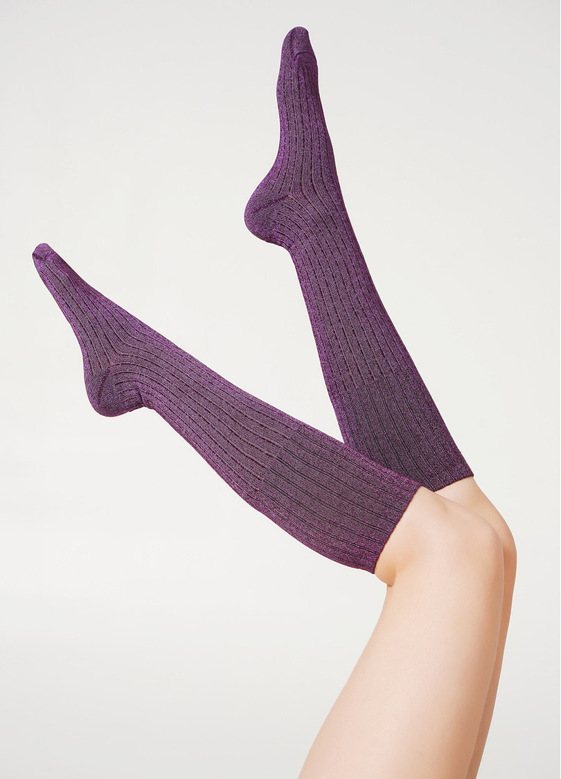 Блестящие гольфы в рубчик WG1 LUREX RIB STRONG 001 marsala/shiny pink metallic (розовый)